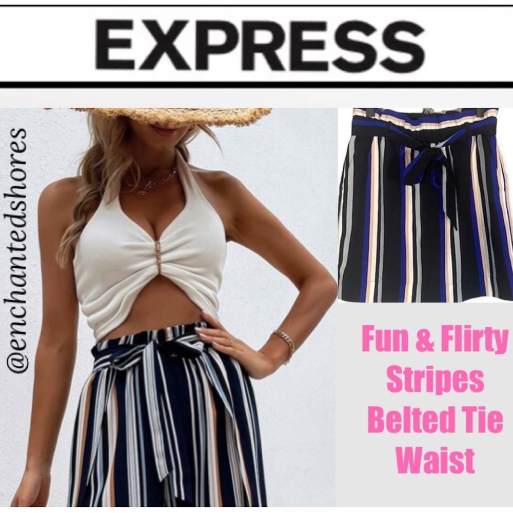 Express Stripes Skirt Paper Bag Belt Tie Waist Black Pink Blue White Gray Large